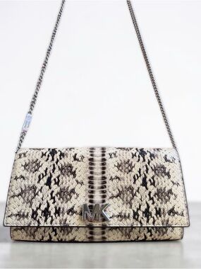 Michael Kors Snakeskin Embossed Clutch Purse Ivory Cream Silver Accent Chain
